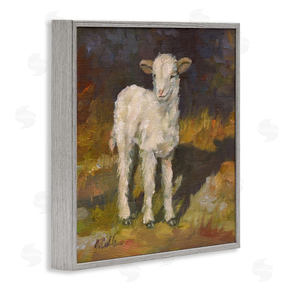 Soft Baby Lamb Painting Grey Frame Print Wall Art, Home Decor by Jerry Cable