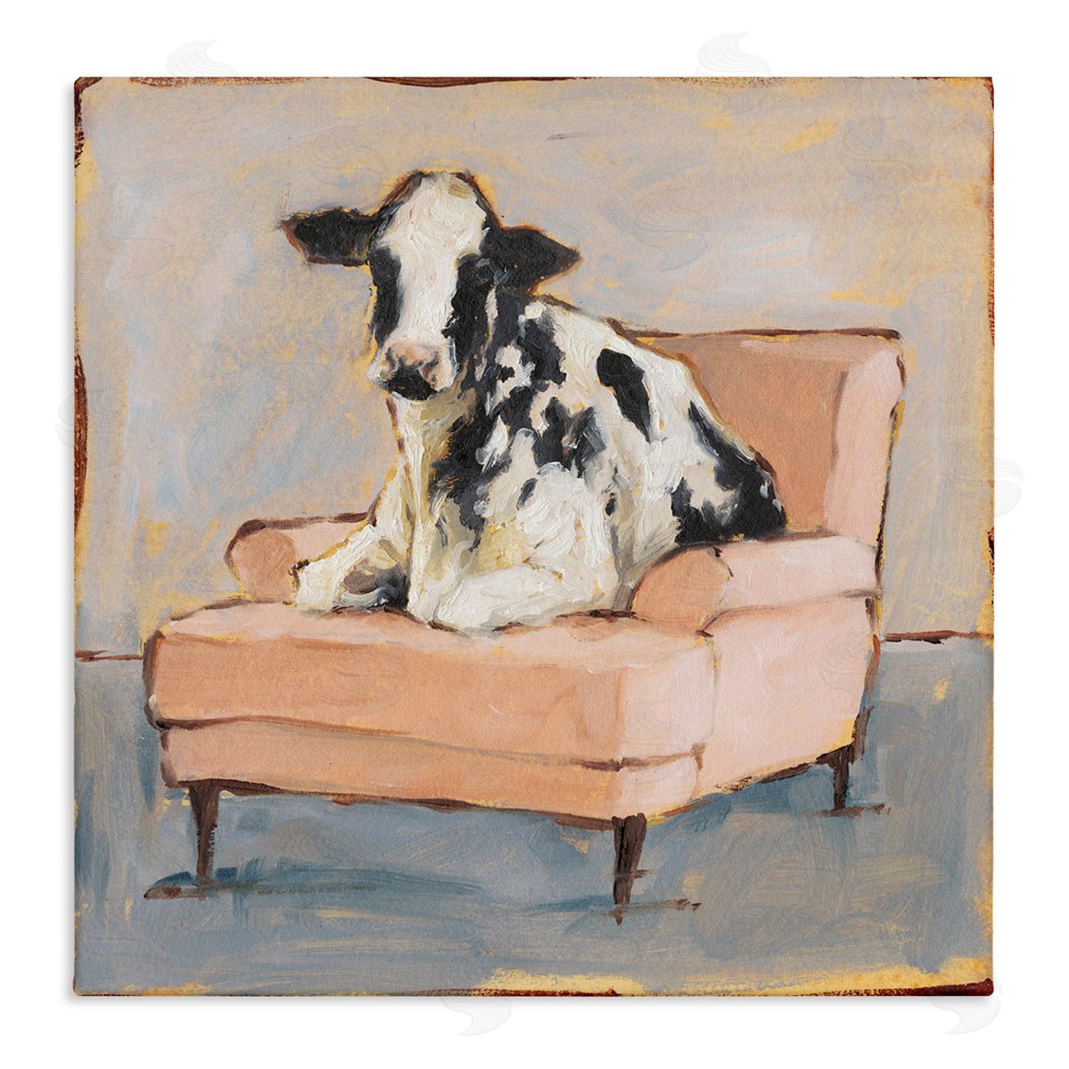 Baby Cow on Pink Couch Canvas Wall Art, Home Decor by Ethan Harper