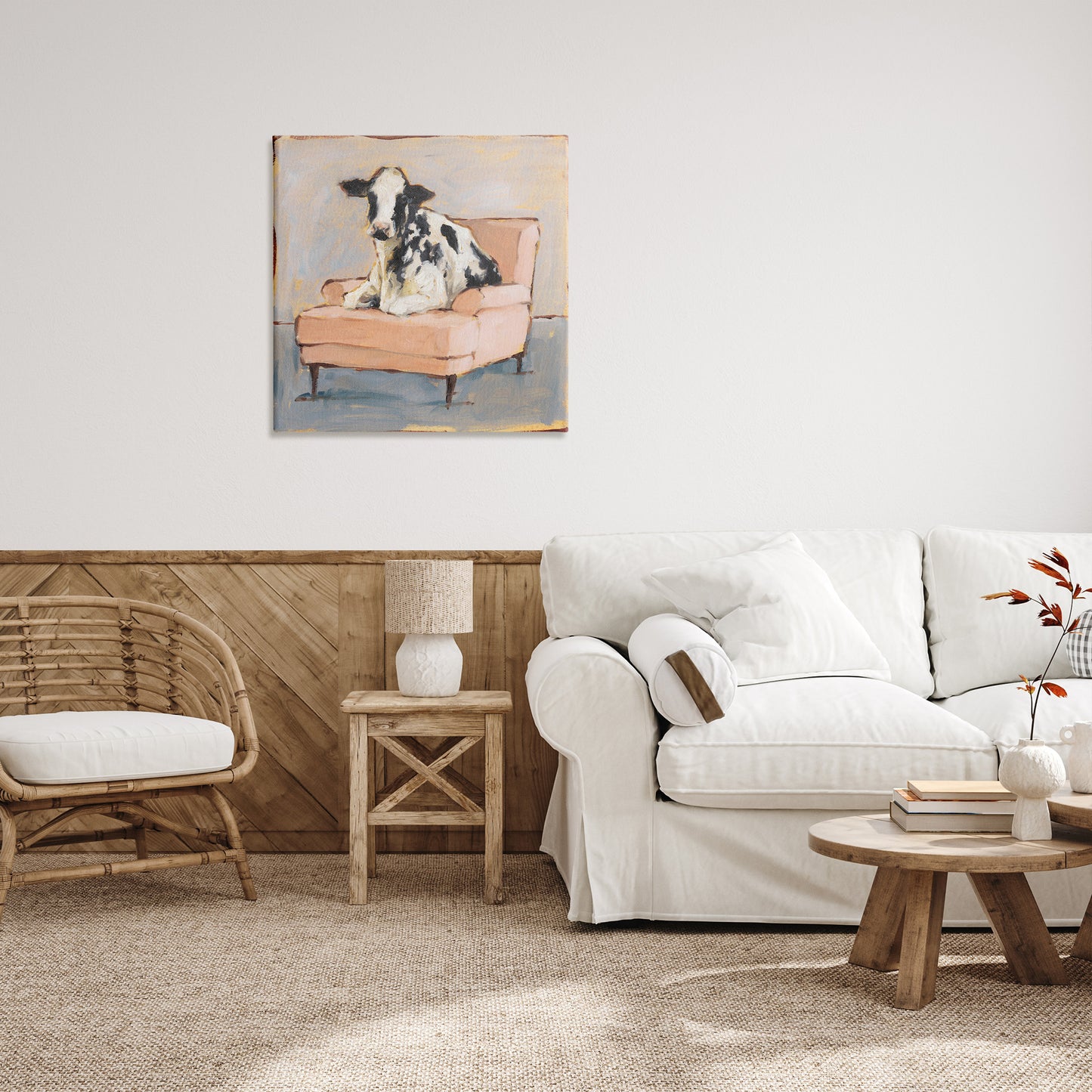 Baby Cow on Pink Couch Canvas Wall Art in Room, Home Decor by Ethan Harper