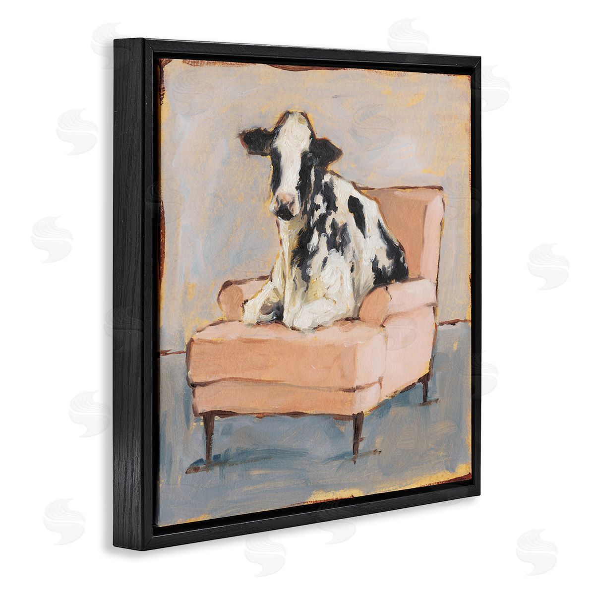 Baby Cow on Pink Couch Black Floating Frame Canvas Wall Art, Home Decor by Ethan Harper