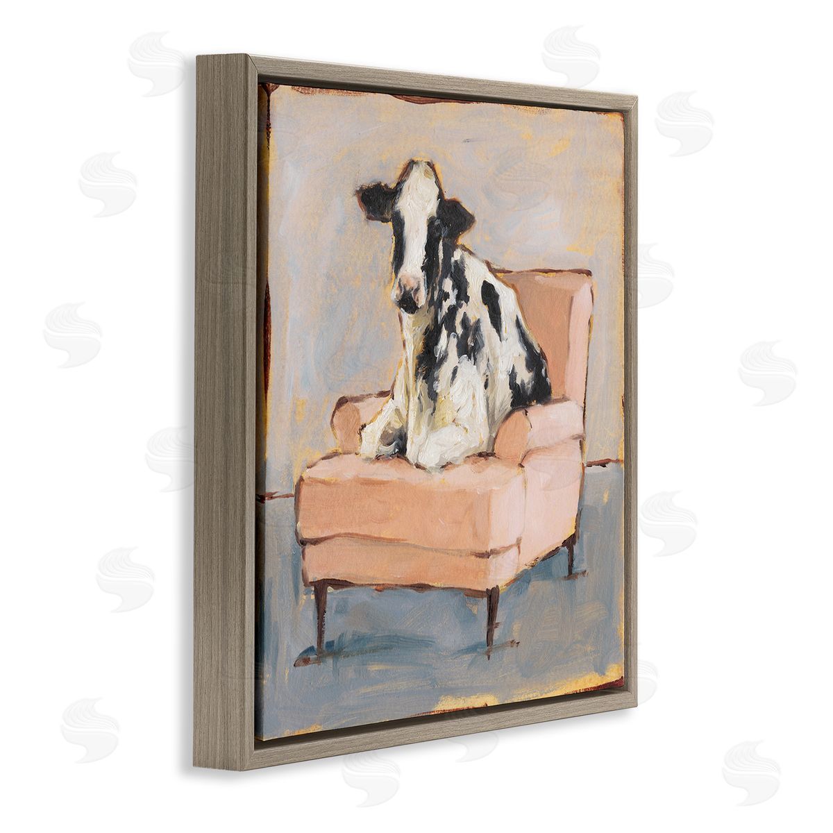 Baby Cow on Pink Couch Brown Floating Frame Canvas Wall Art, Home Decor by Ethan Harper