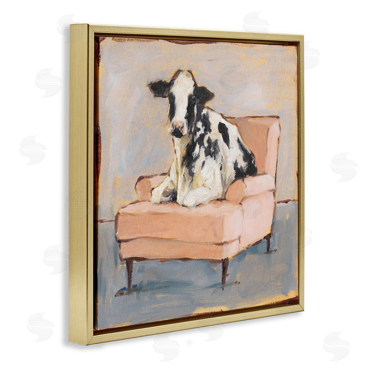Baby Cow on Pink Couch Gold Floating Frame Canvas Wall Art, Home Decor by Ethan Harper