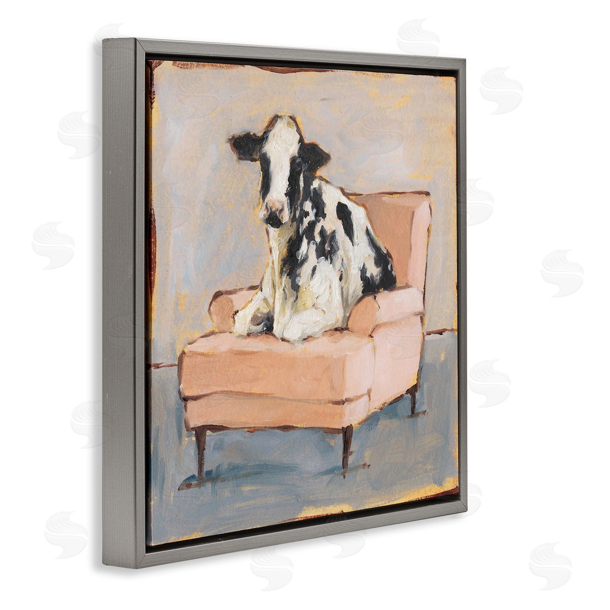 Baby Cow on Pink Couch Grey Floating Frame Canvas Wall Art, Home Decor by Ethan Harper