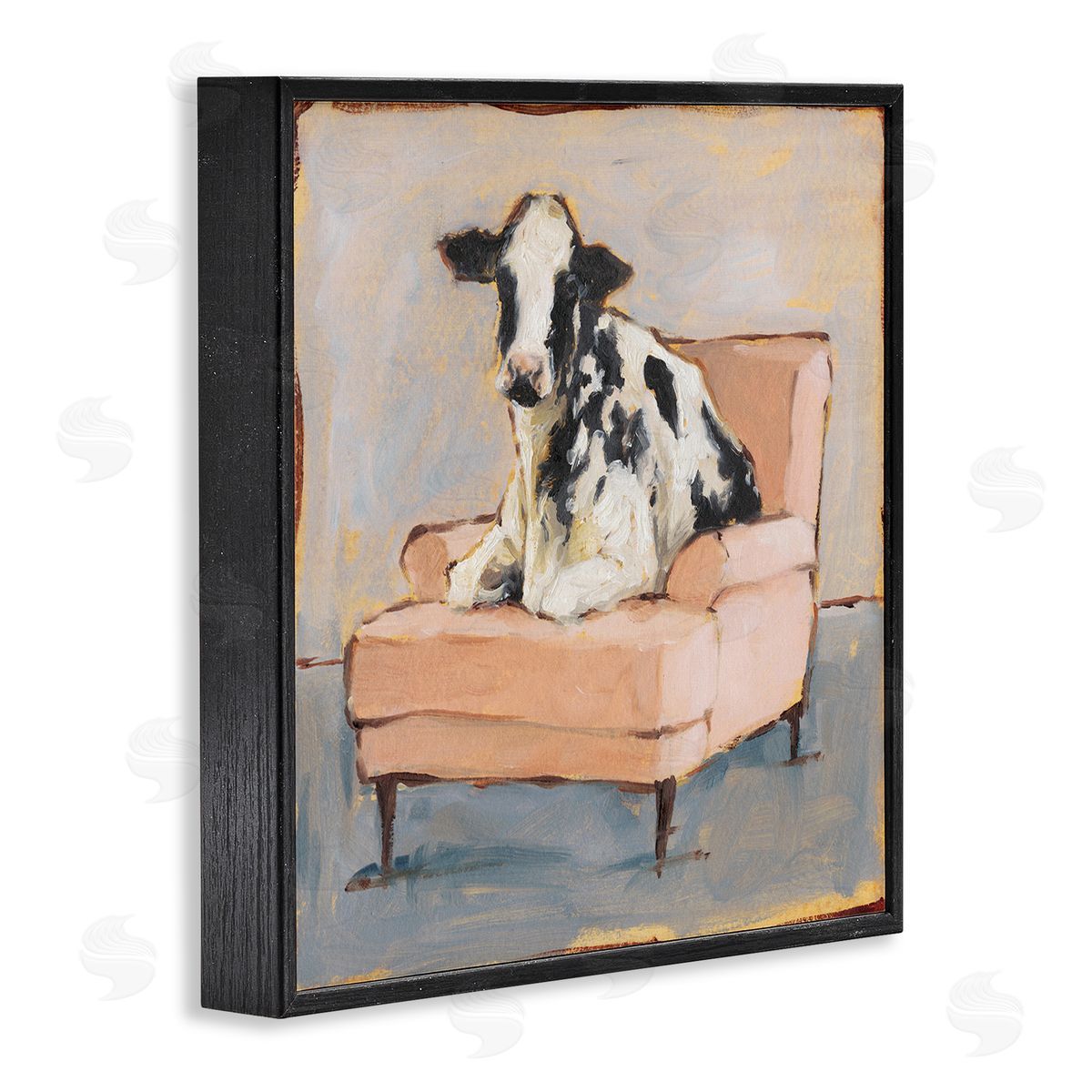 Baby Cow on Pink Couch Black Frame Print Wall Art, Home Decor by Ethan Harper