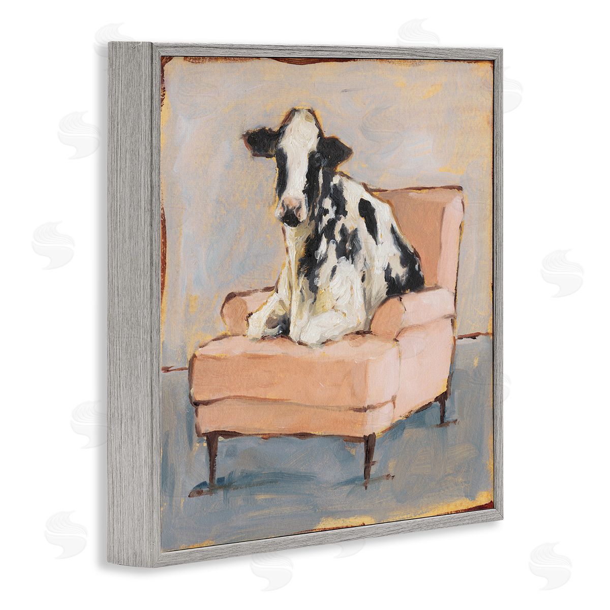 Baby Cow on Pink Couch Grey Frame Print Wall Art, Home Decor by Ethan Harper