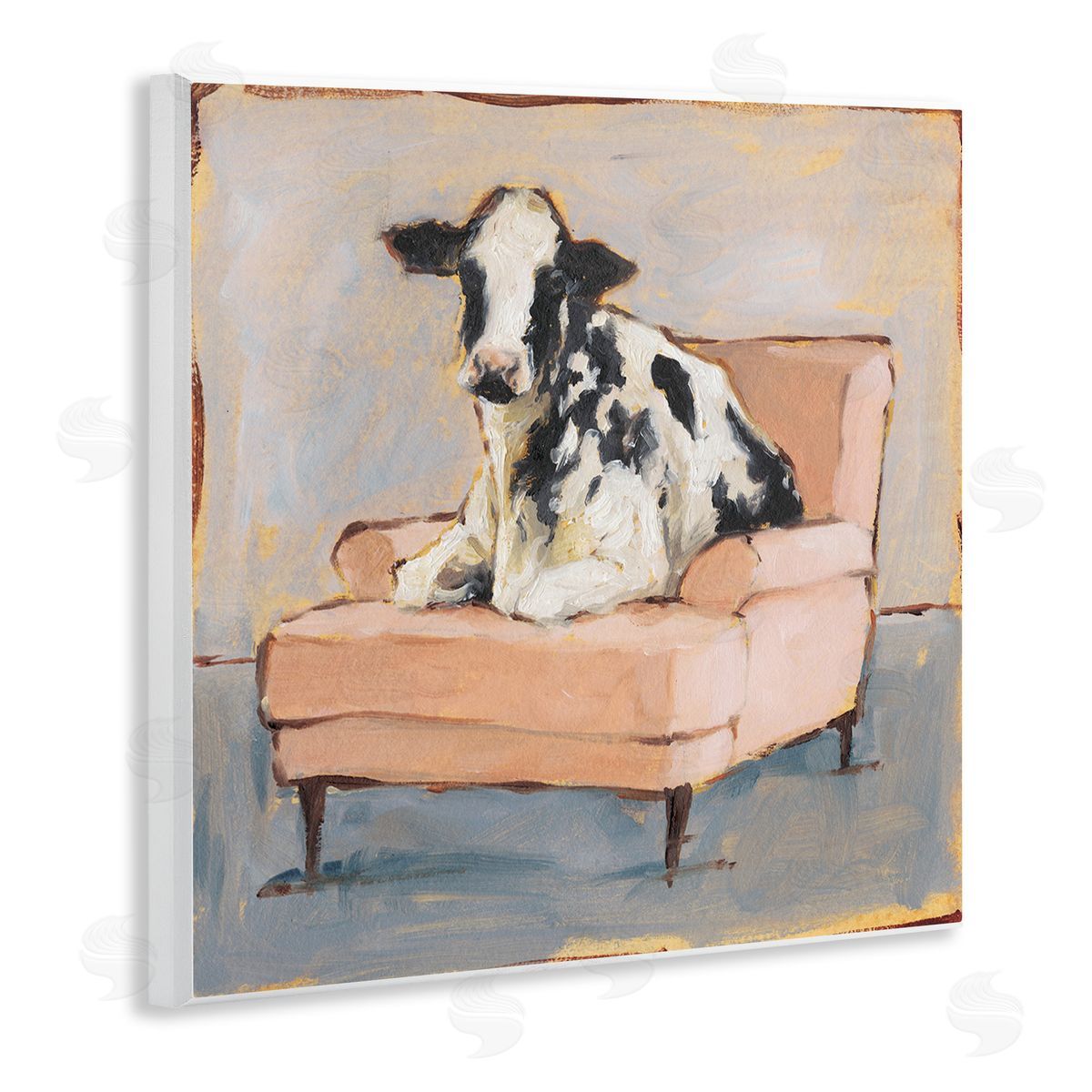 Baby Cow on Pink Couch Wood Plaque Wall Art, Home Decor by Ethan Harper
