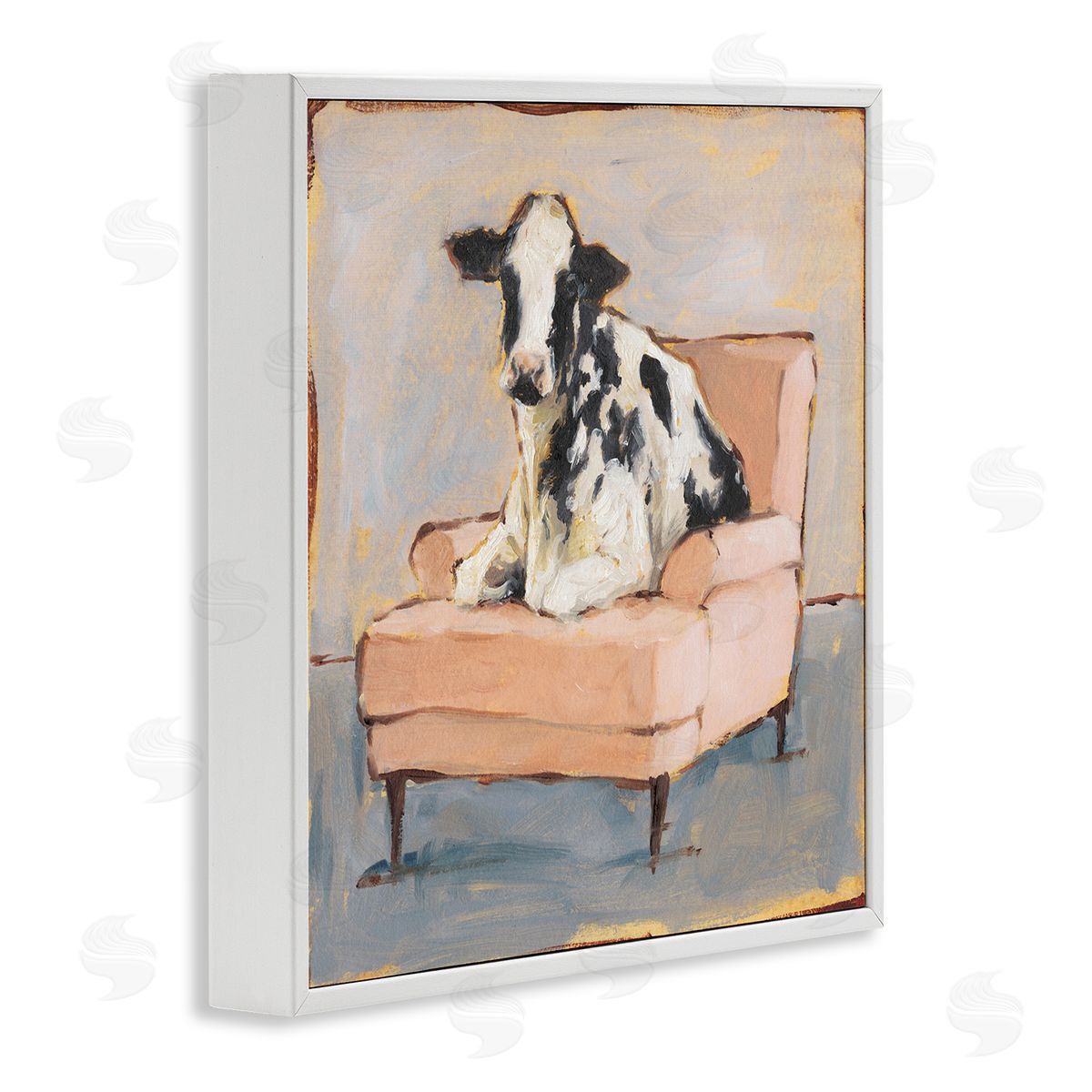 Baby Cow on Pink Couch White Frame Print Wall Art, Home Decor by Ethan Harper