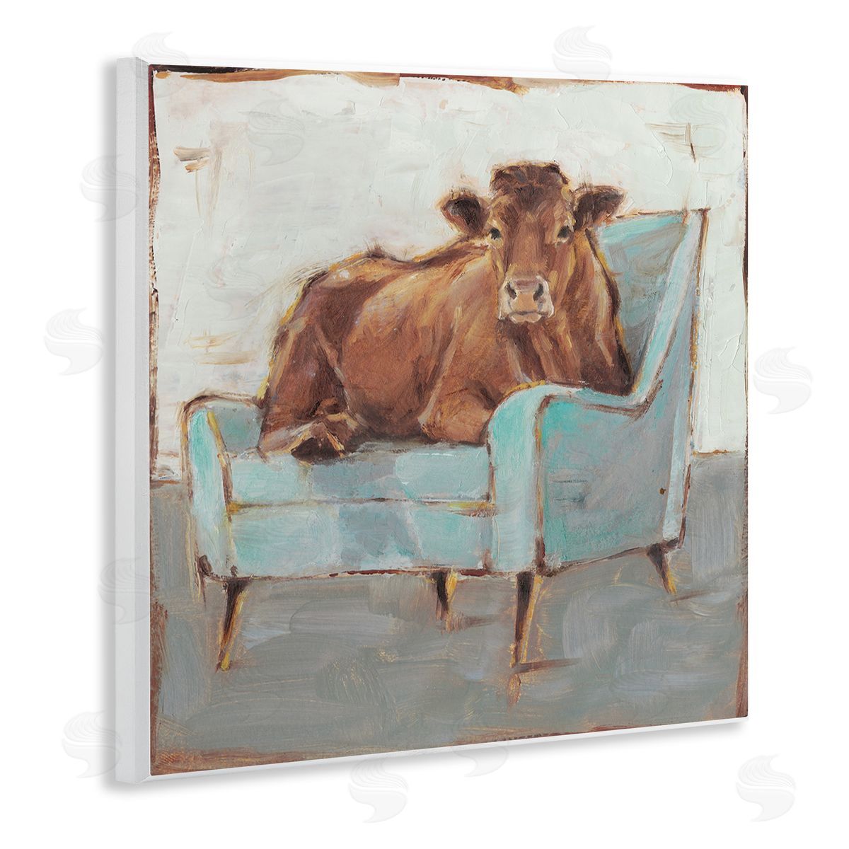 Bull on Blue Couch Wood Plaque Wall Art, Home Decor by Ethan Harper
