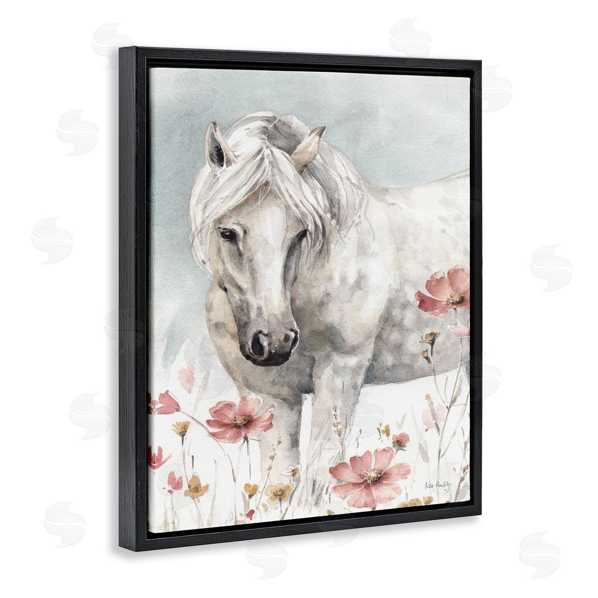 Horse with Pink Flowers Black Floating Frame Canvas Wall Art, Home Decor by Lisa Audit