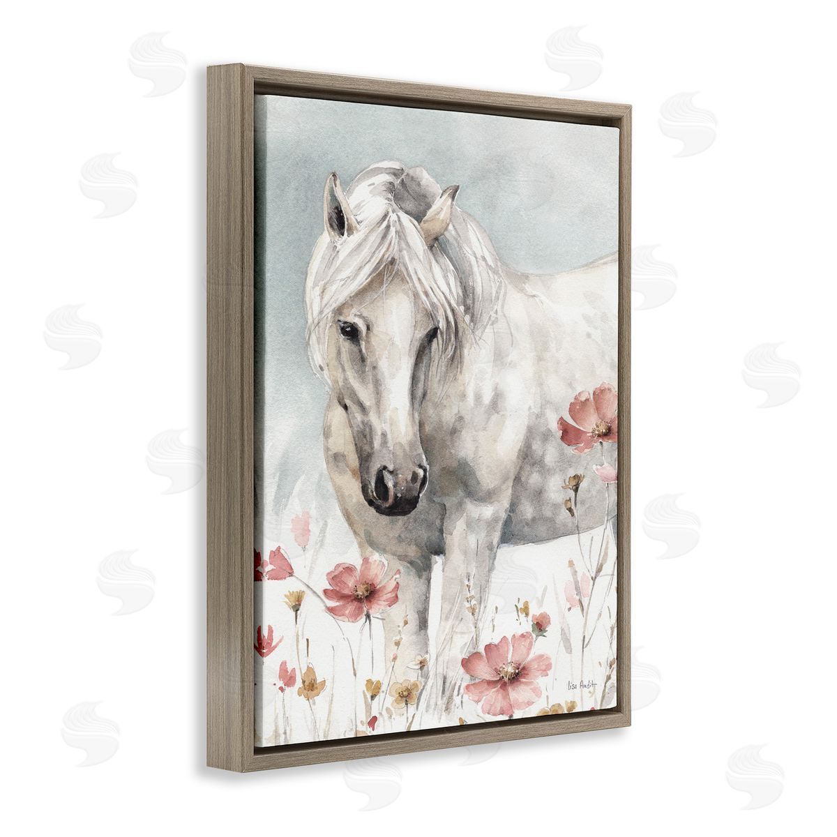 Horse with Pink Flowers Brown Floating Frame Canvas Wall Art, Home Decor by Lisa Audit