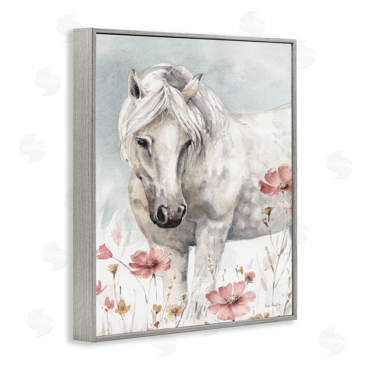 Horse with Pink Flowers Grey Frame Print Wall Art, Home Decor by Lisa Audit