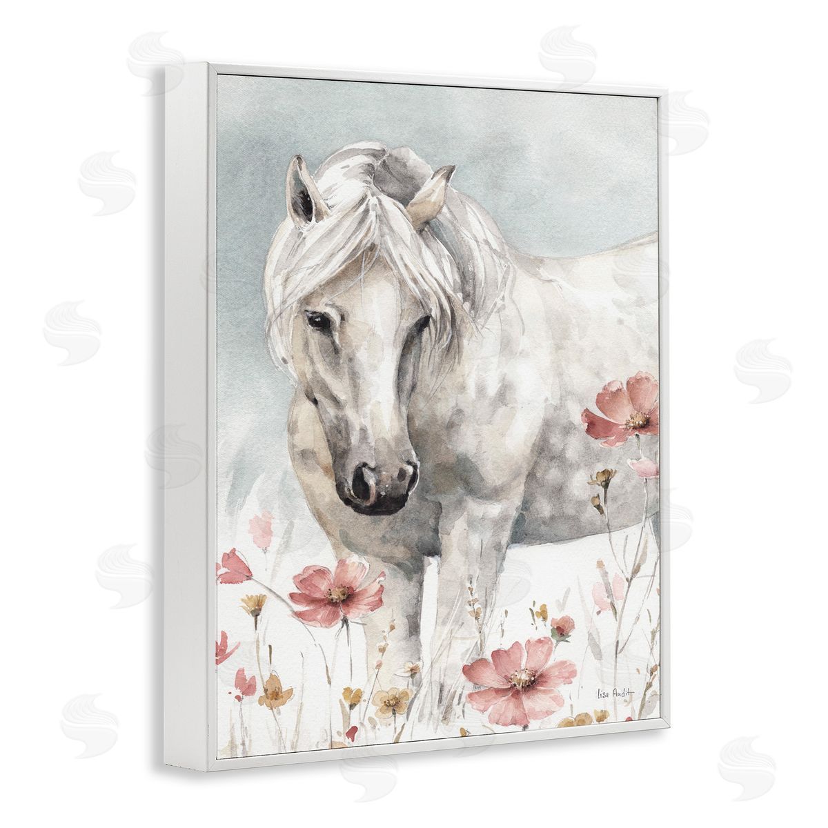 Horse with Pink Flowers White Frame Print Wall Art, Home Decor by Lisa Audit