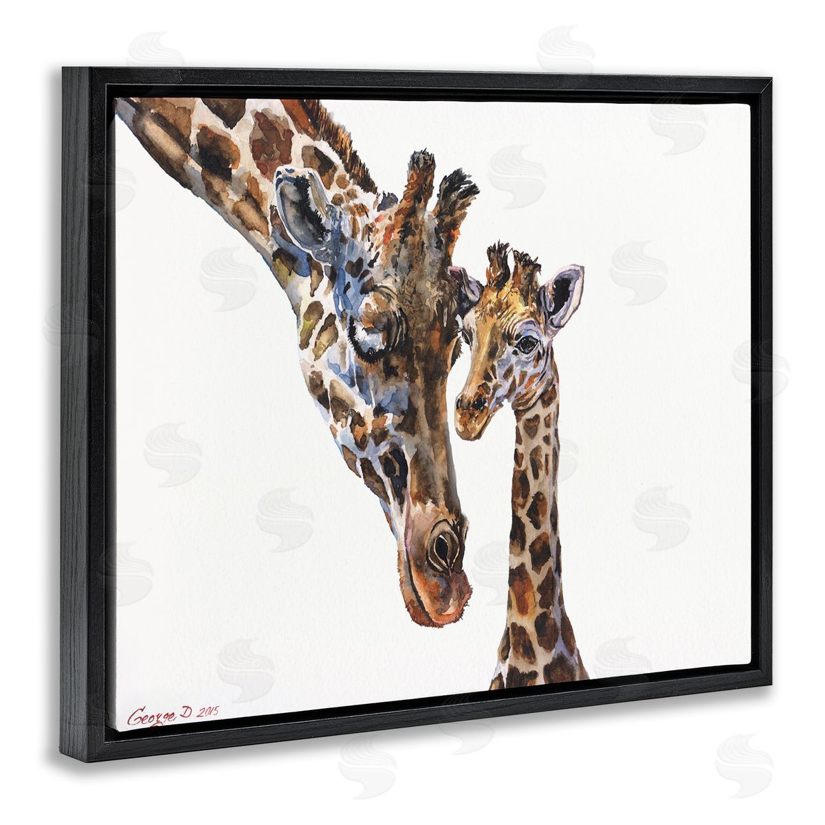 Baby Giraffe Animal Watercolor Black Floating Frame Canvas Wall Art, Home Decor by George Dyachenko