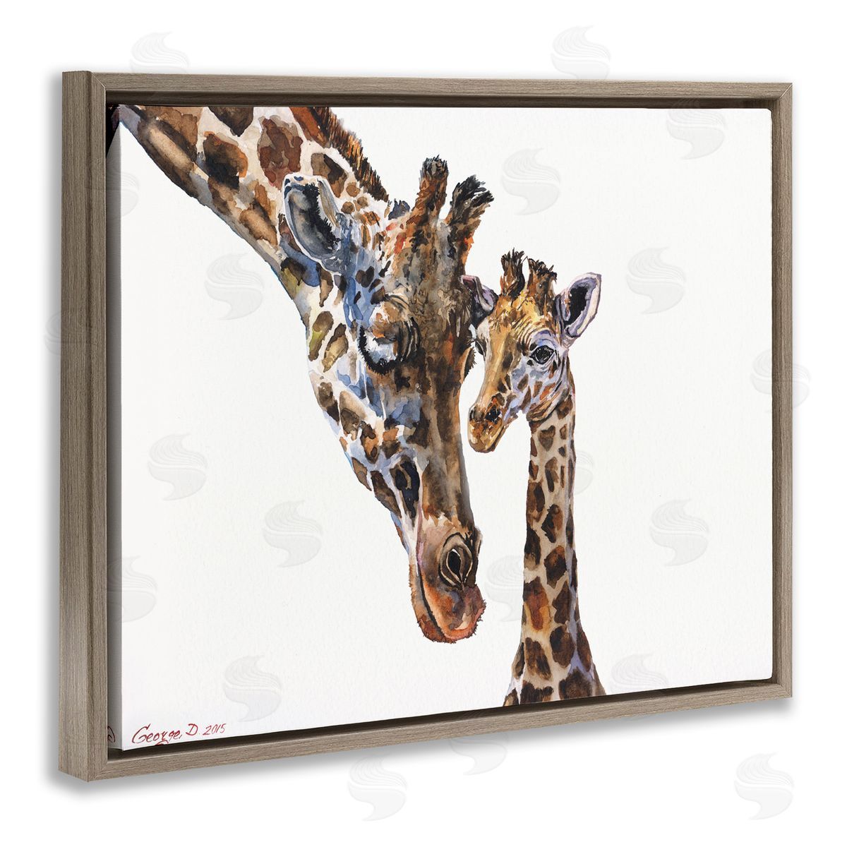 Baby Giraffe Animal Watercolor Brown Floating Frame Canvas Wall Art, Home Decor by George Dyachenko