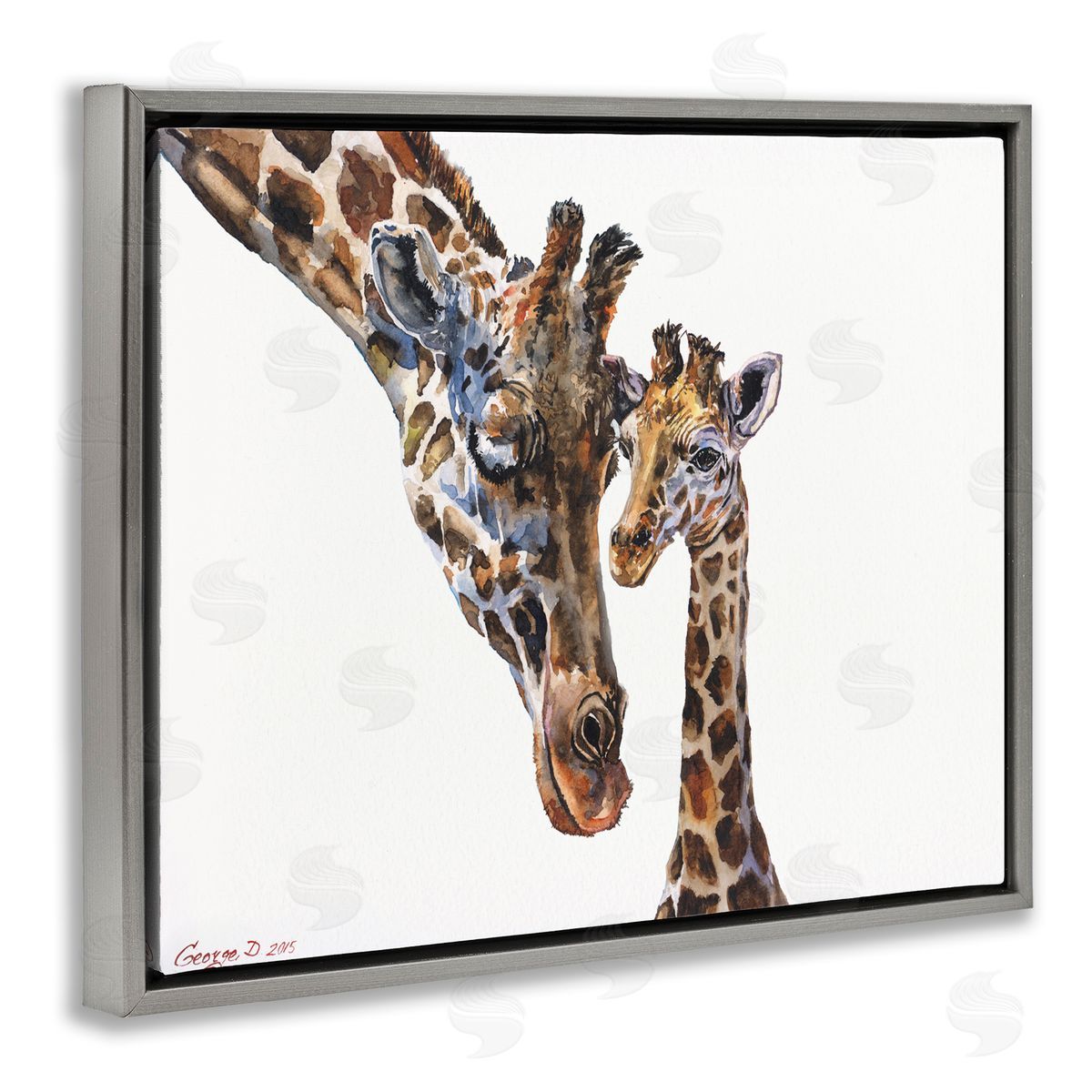 Baby Giraffe Animal Watercolor Grey Floating Frame Canvas Wall Art, Home Decor by George Dyachenko