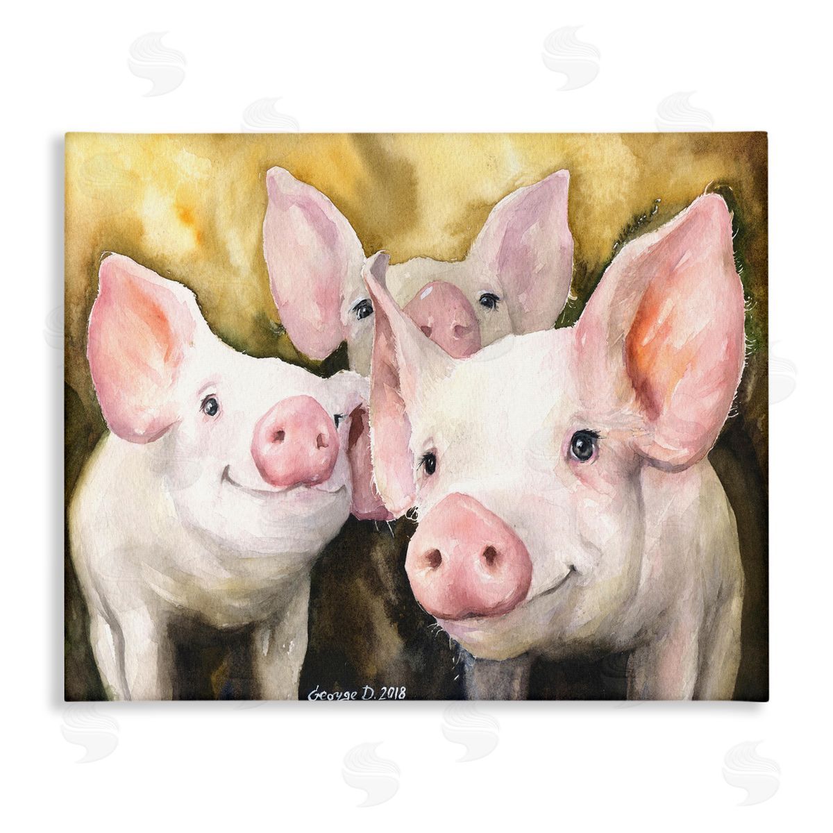 Baby Pigs on Yellow Canvas Wall Art, Home Decor by George Dyachenko