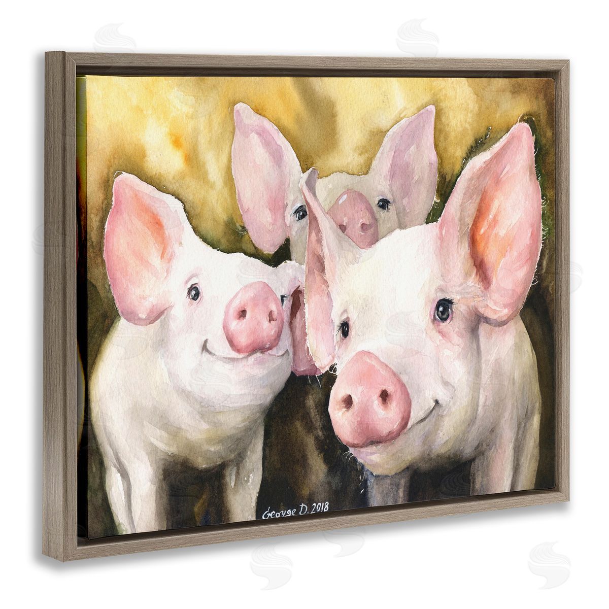 Baby Pigs on Yellow Brown Floating Frame Canvas Wall Art, Home Decor by George Dyachenko