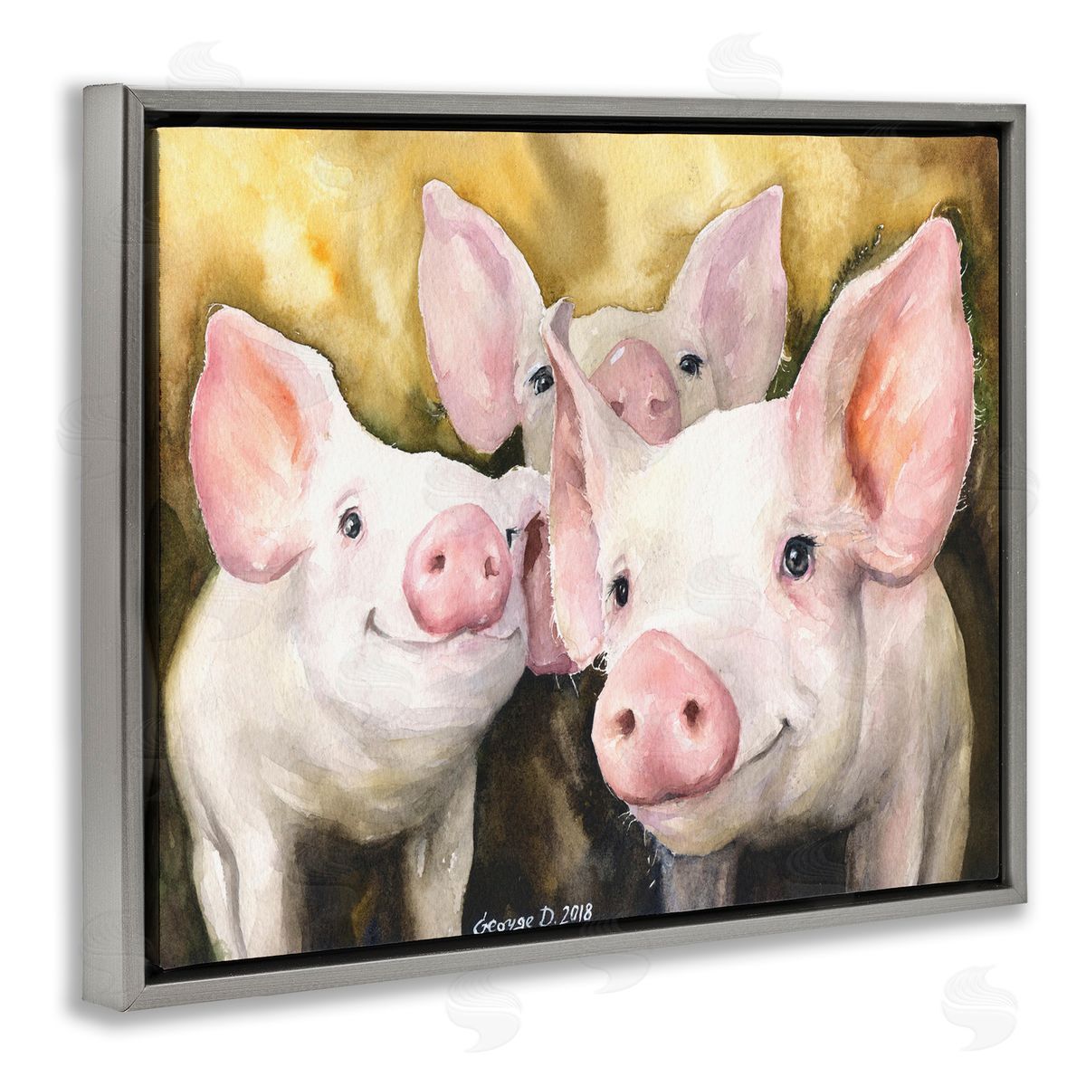 Baby Pigs on Yellow Grey Floating Frame Canvas Wall Art, Home Decor by George Dyachenko
