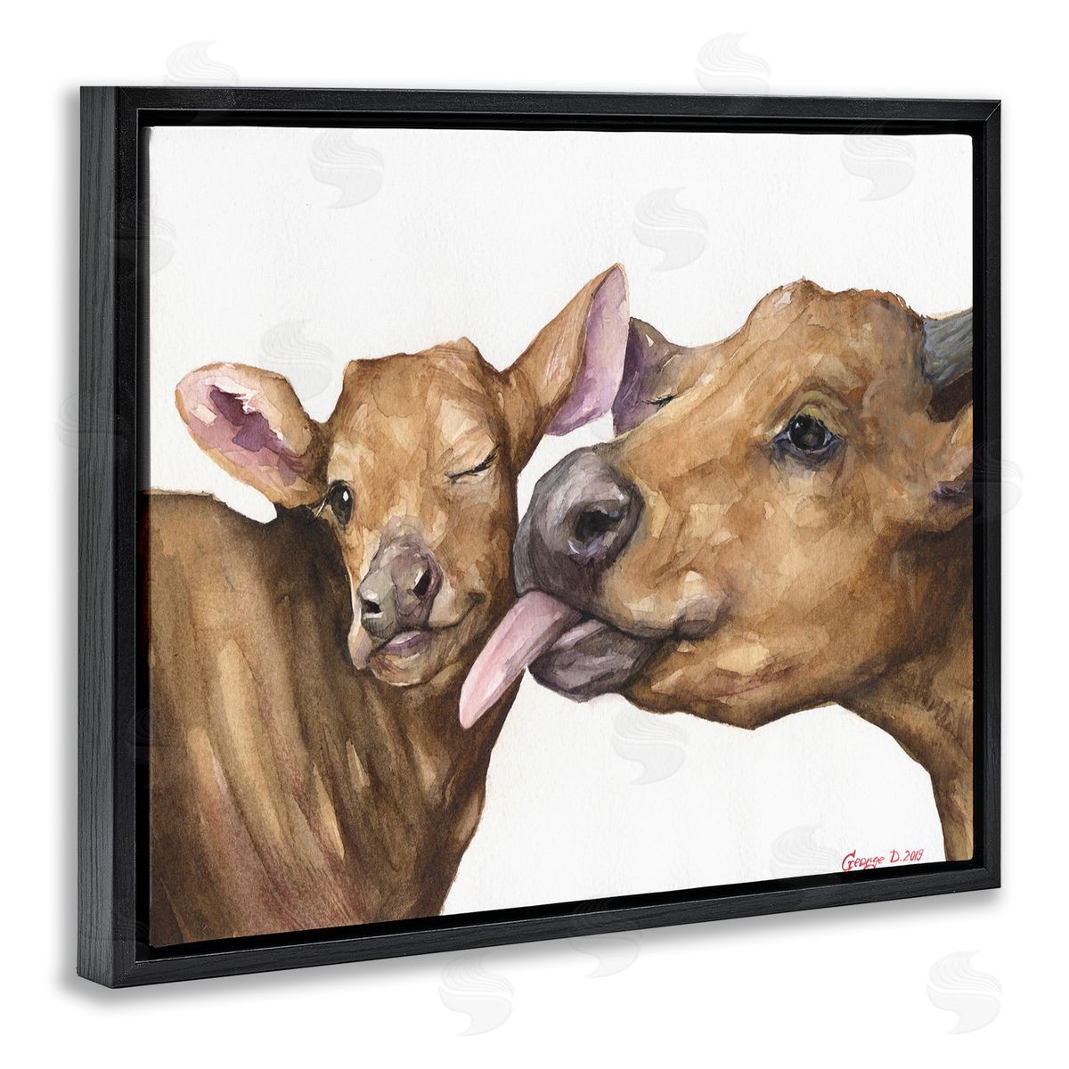 Happy Cow Mother & Calf Black Floating Frame Canvas Wall Art, Home Decor by George Dyachenko