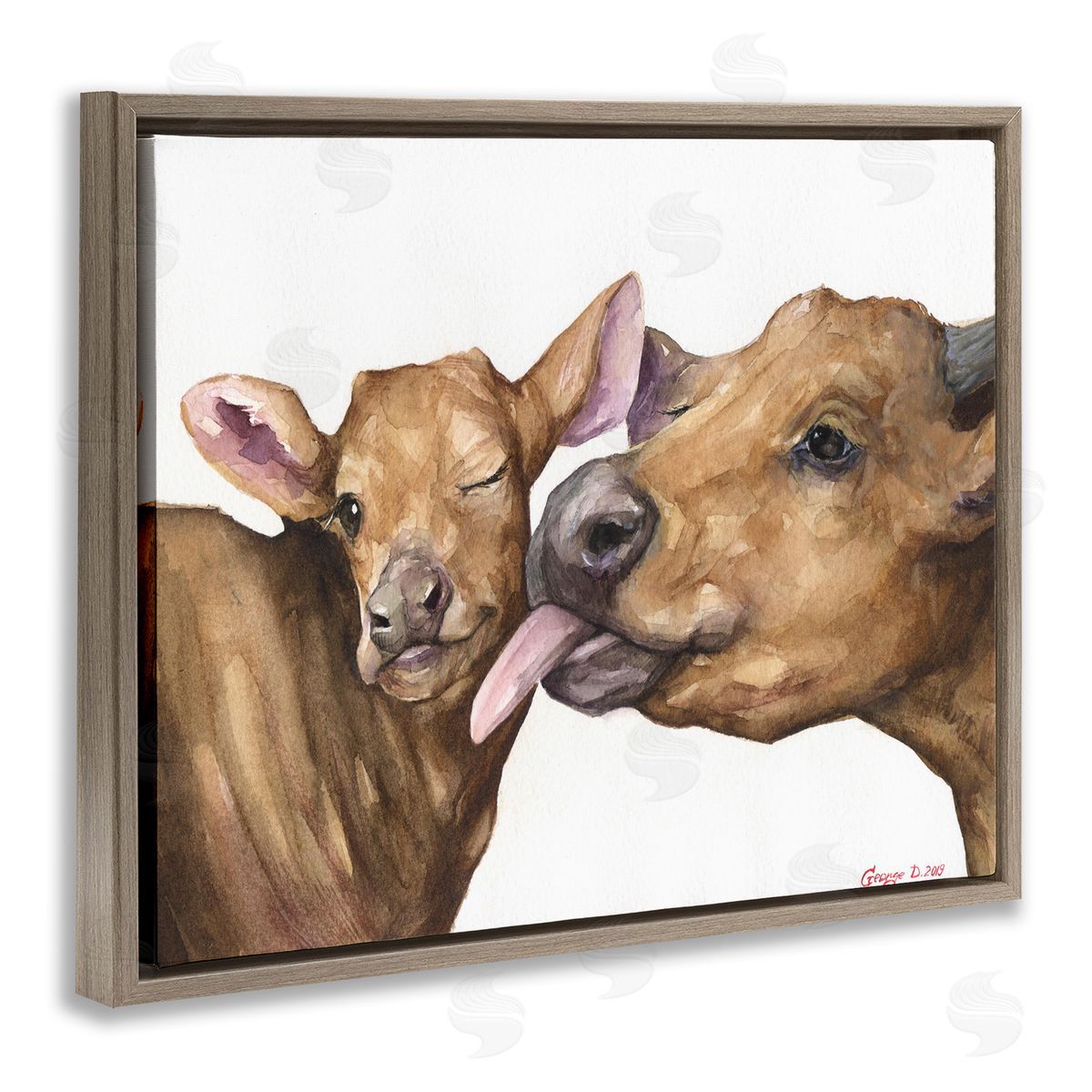 Happy Cow Mother & Calf Brown Floating Frame Canvas Wall Art, Home Decor by George Dyachenko