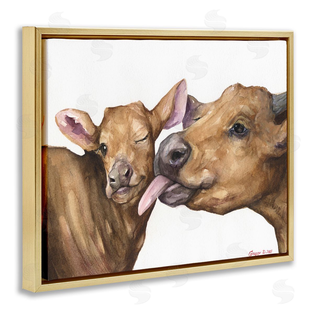 Happy Cow Mother & Calf Gold Floating Frame Canvas Wall Art, Home Decor by George Dyachenko