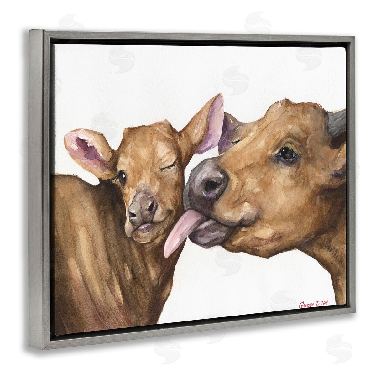 Happy Cow Mother & Calf Grey Floating Frame Canvas Wall Art, Home Decor by George Dyachenko