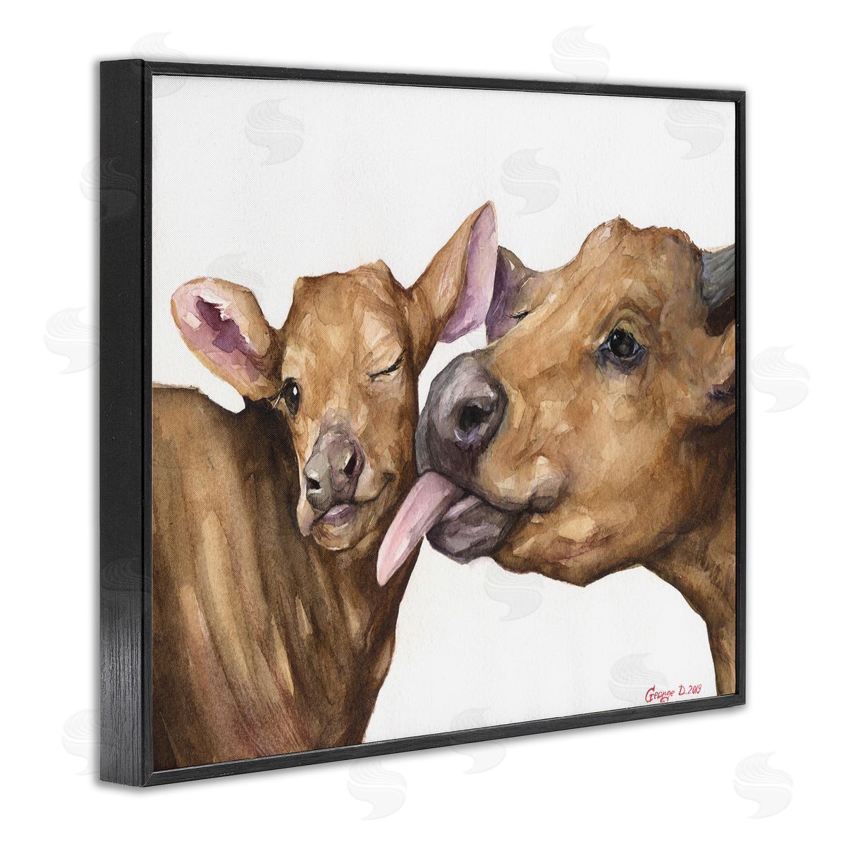 Happy Cow Mother & Calf Black Frame Print Wall Art, Home Decor by George Dyachenko
