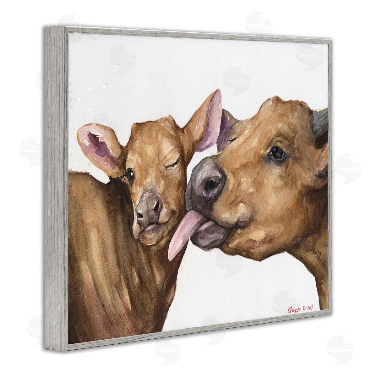 Happy Cow Mother & Calf Grey Frame Print Wall Art, Home Decor by George Dyachenko