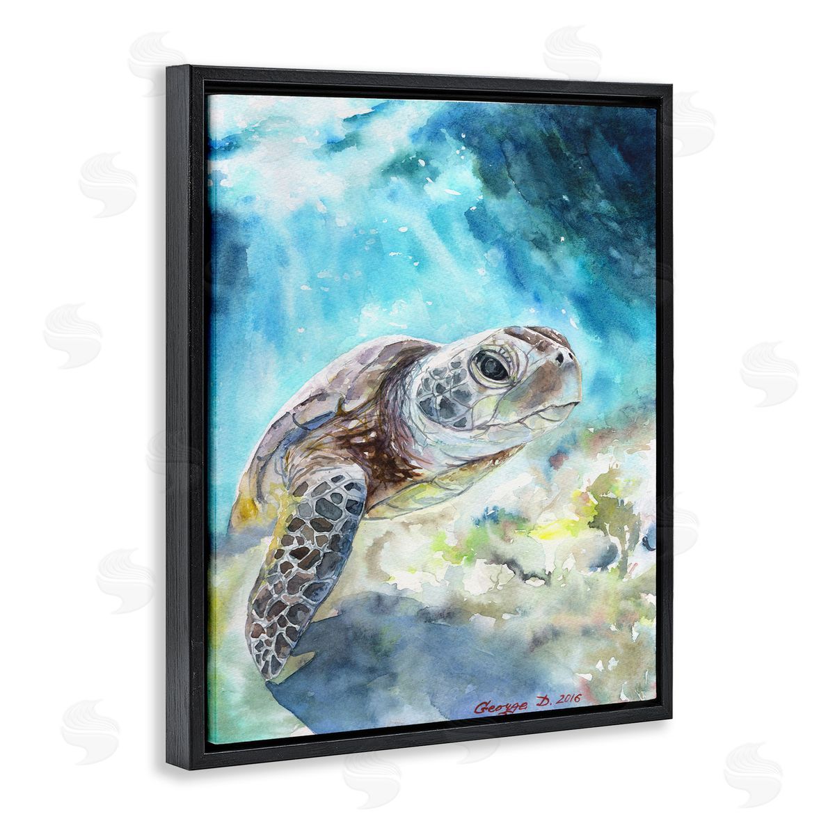 Sea Turtle Ocean Watercolor Black Floating Frame Canvas Wall Art, Home Decor by George Dyachenko