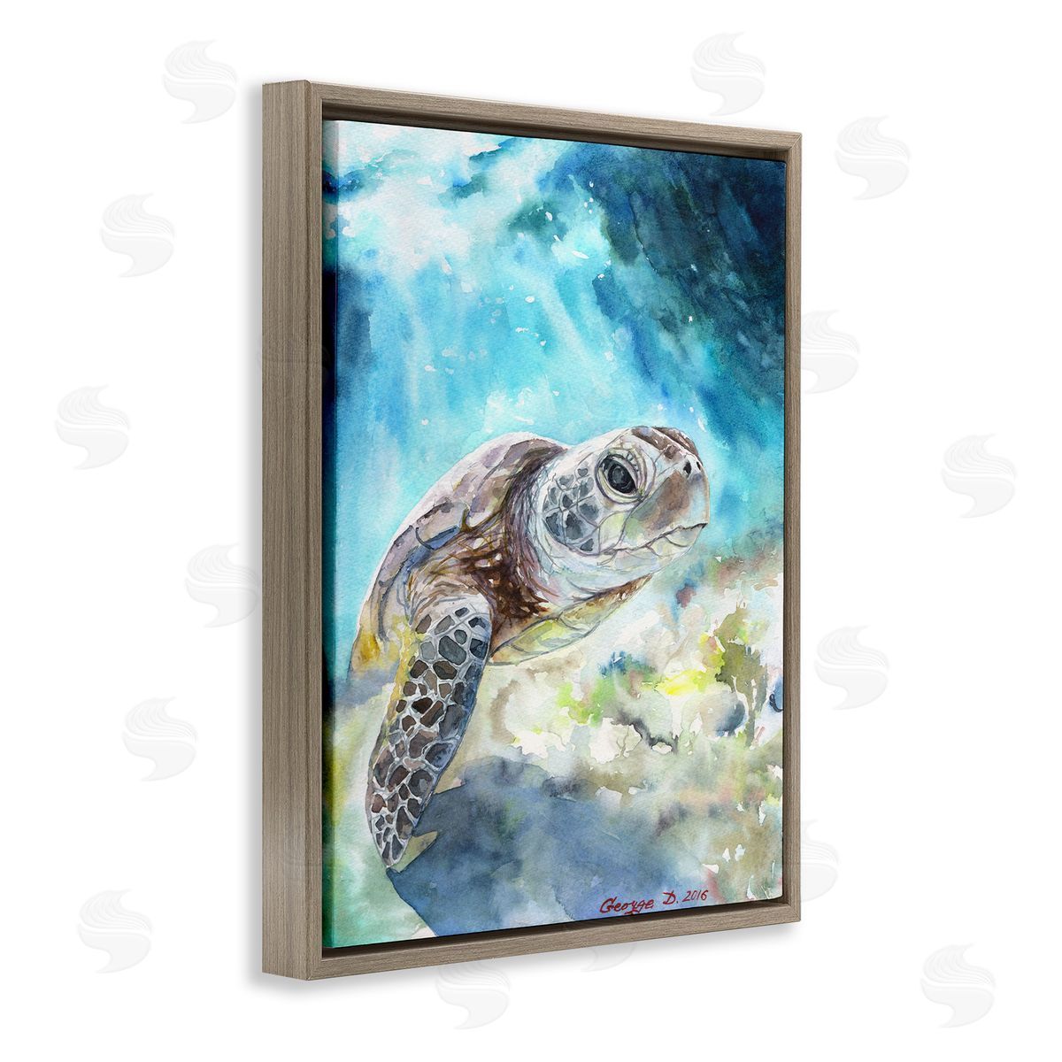 Sea Turtle Ocean Watercolor Brown Floating Frame Canvas Wall Art, Home Decor by George Dyachenko