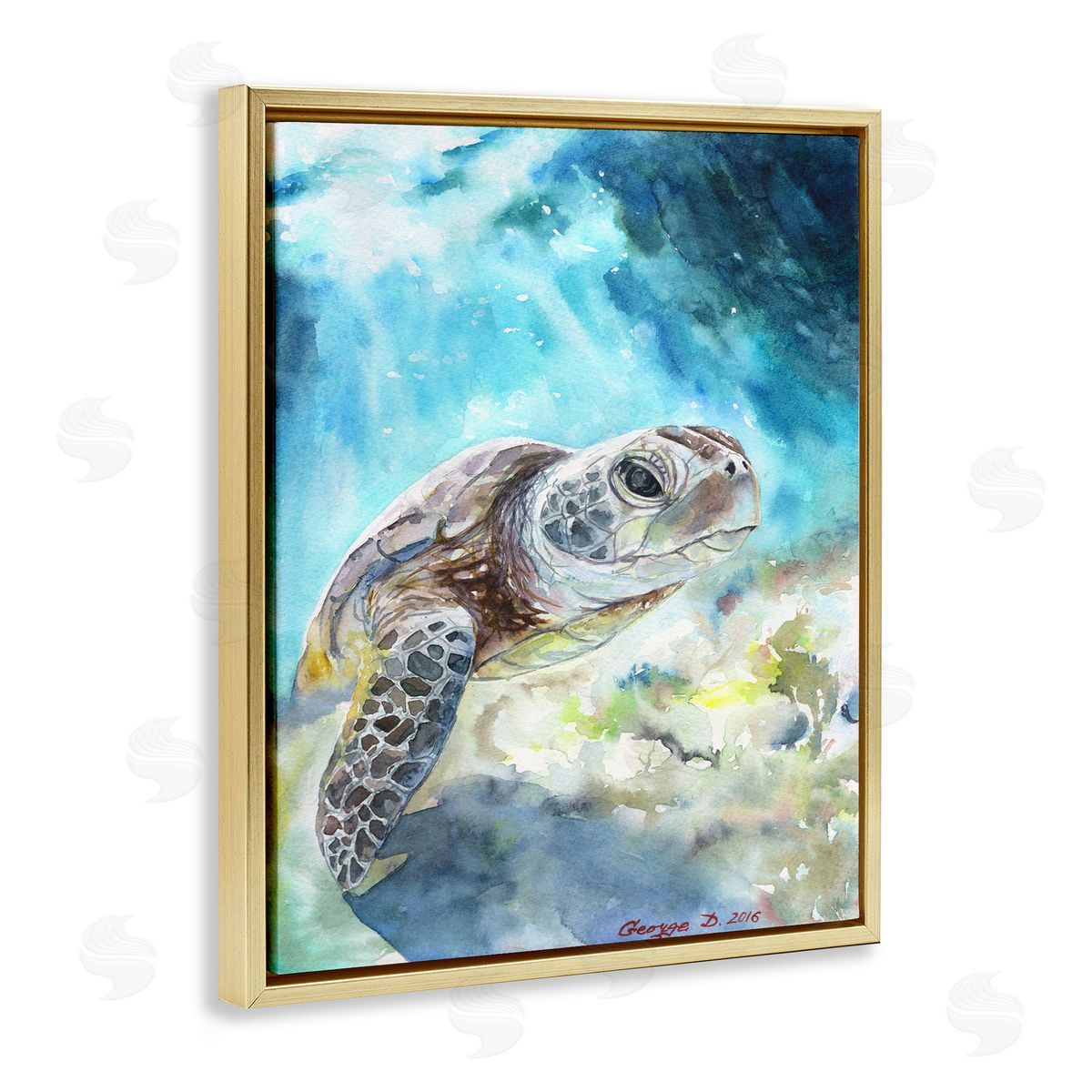 Sea Turtle Ocean Watercolor Gold Floating Frame Canvas Wall Art, Home Decor by George Dyachenko