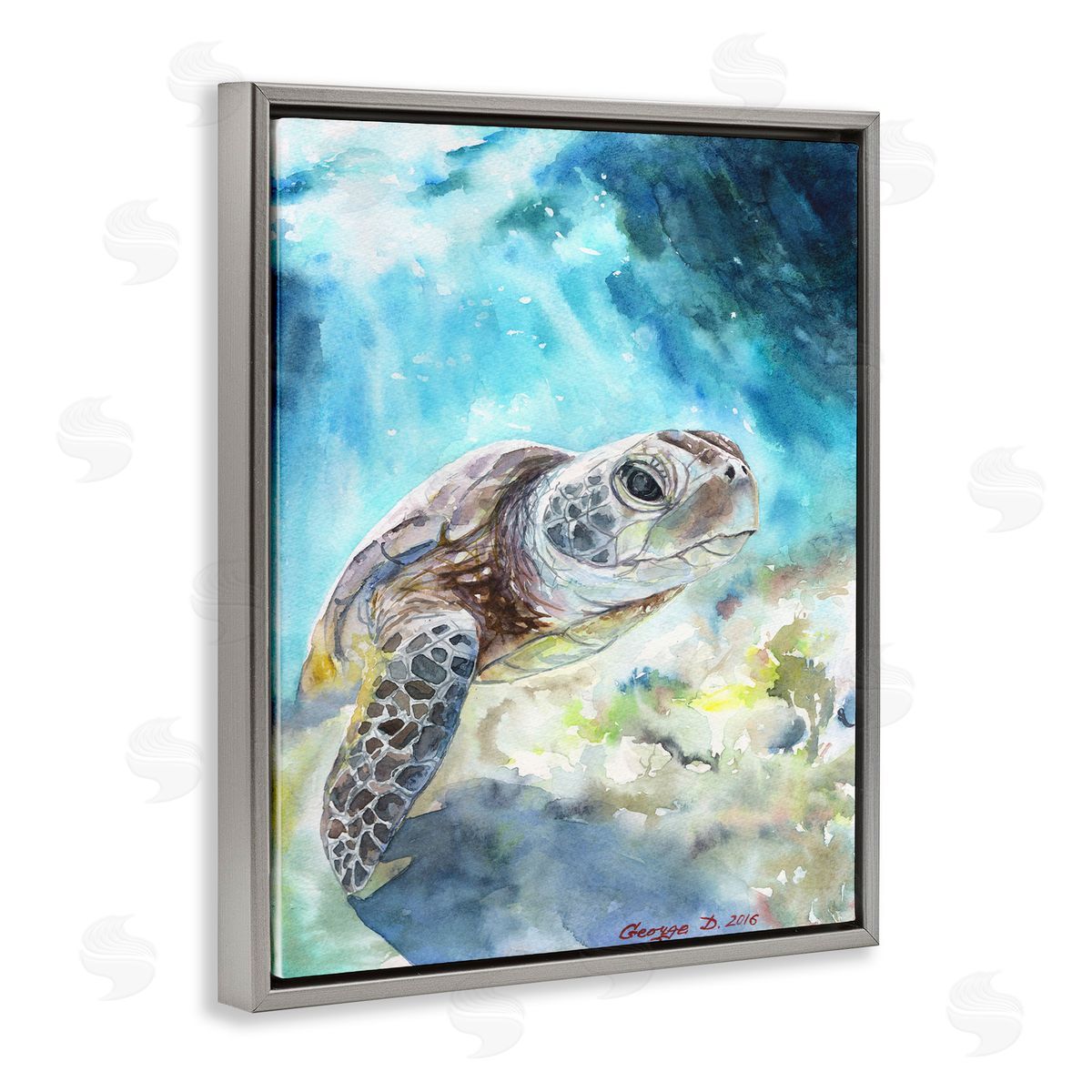 Sea Turtle Ocean Watercolor Grey Floating Frame Canvas Wall Art, Home Decor by George Dyachenko