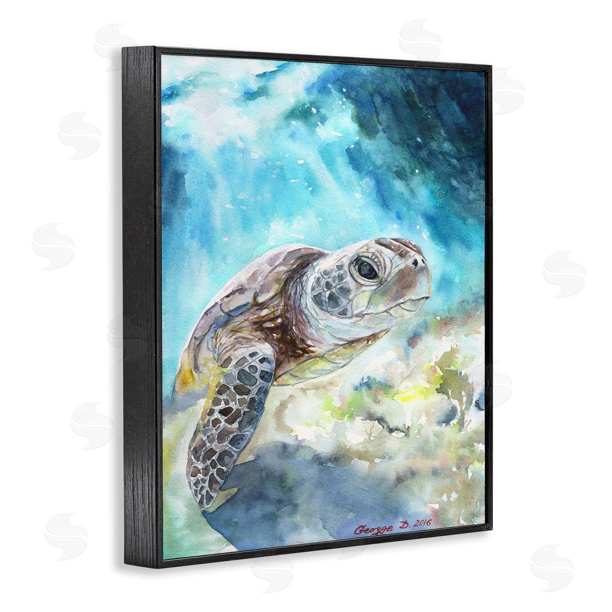 Sea Turtle Ocean Watercolor Black Frame Print Wall Art, Home Decor by George Dyachenko