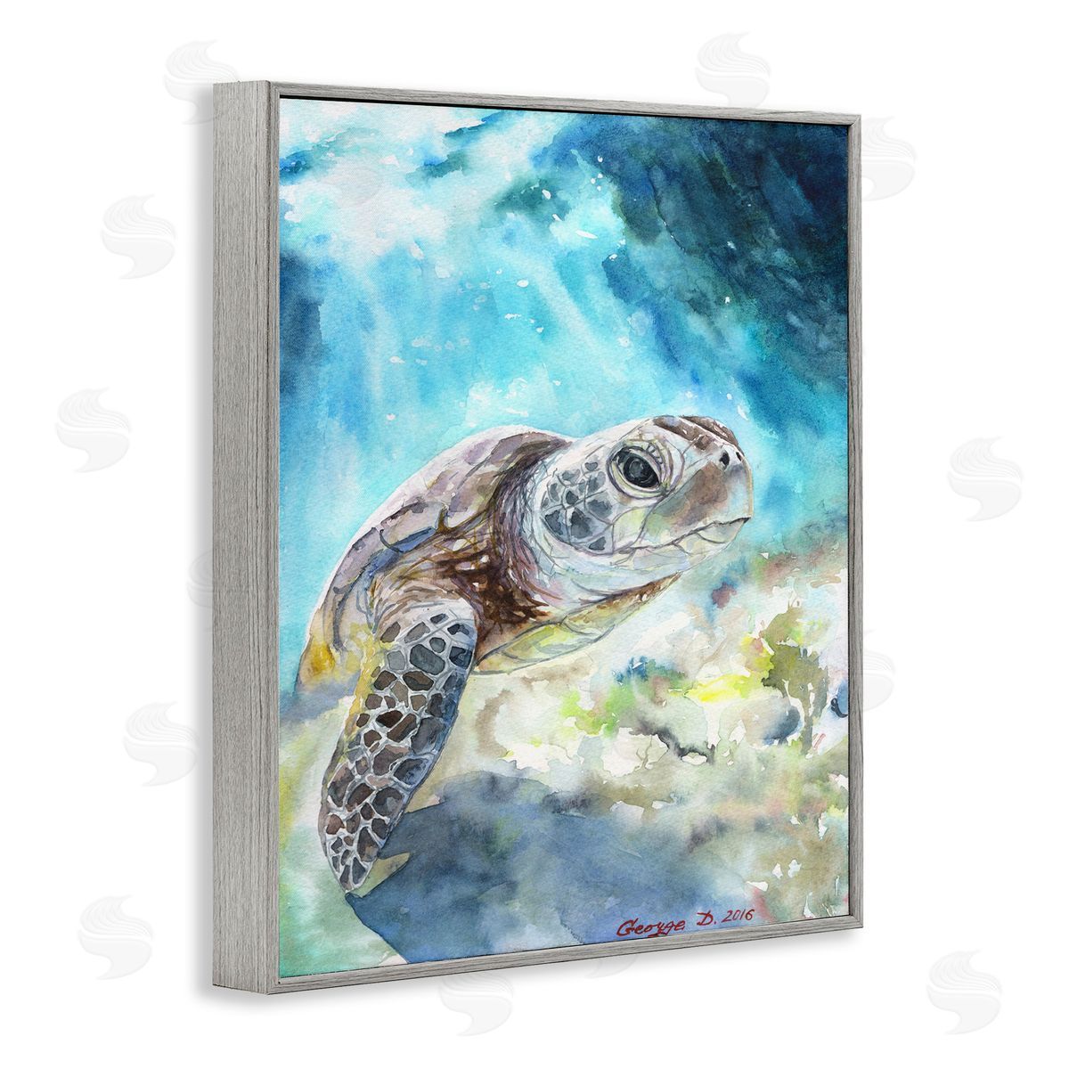 Sea Turtle Ocean Watercolor Grey Frame Print Wall Art, Home Decor by George Dyachenko