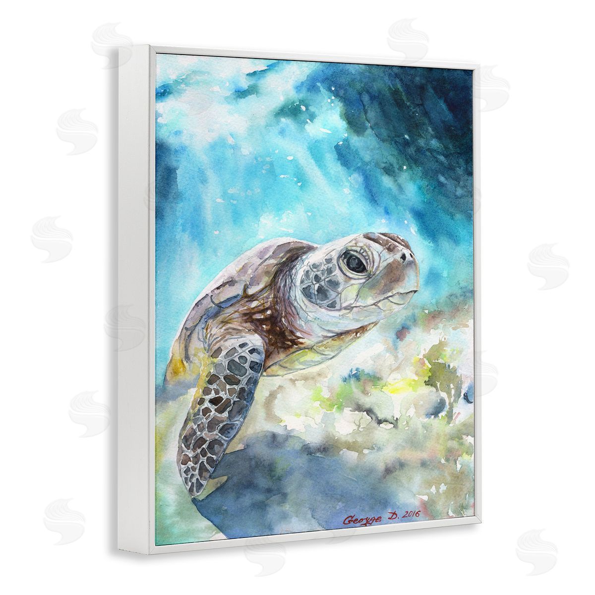 Sea Turtle Ocean Watercolor White Frame Print Wall Art, Home Decor by George Dyachenko