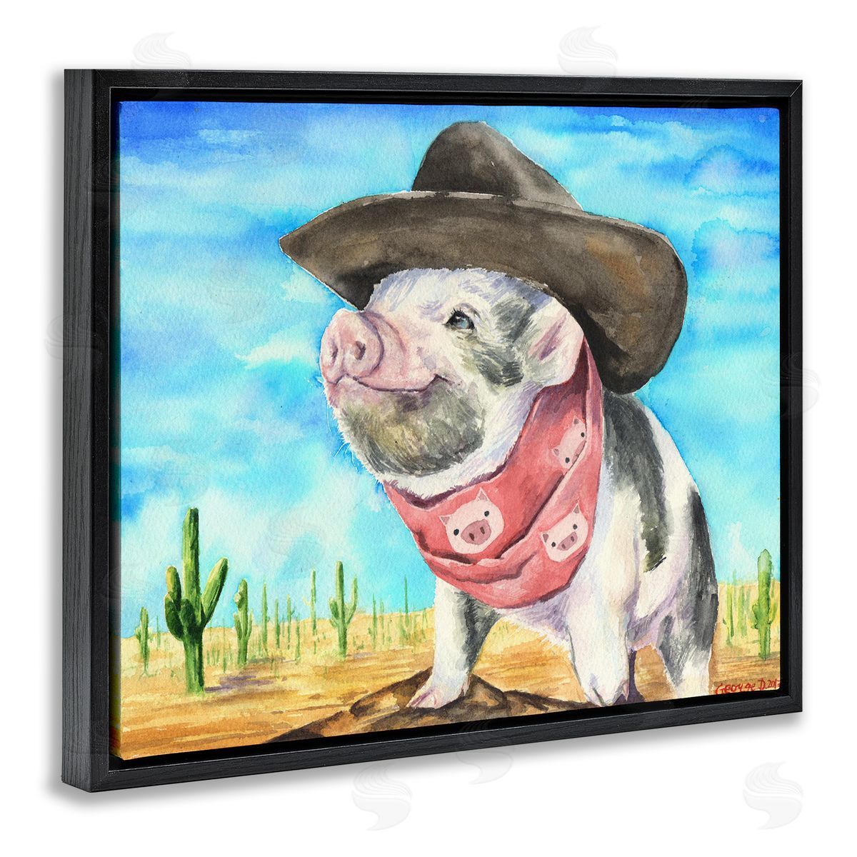 Wild West Cowboy Pig Black Floating Frame Canvas Wall Art, Home Decor by George Dyachenko
