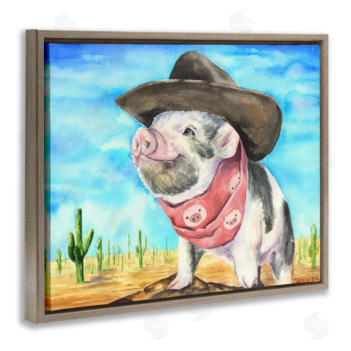 Wild West Cowboy Pig Brown Floating Frame Canvas Wall Art, Home Decor by George Dyachenko