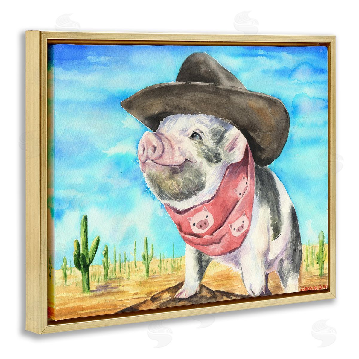 Wild West Cowboy Pig Gold Floating Frame Canvas Wall Art, Home Decor by George Dyachenko