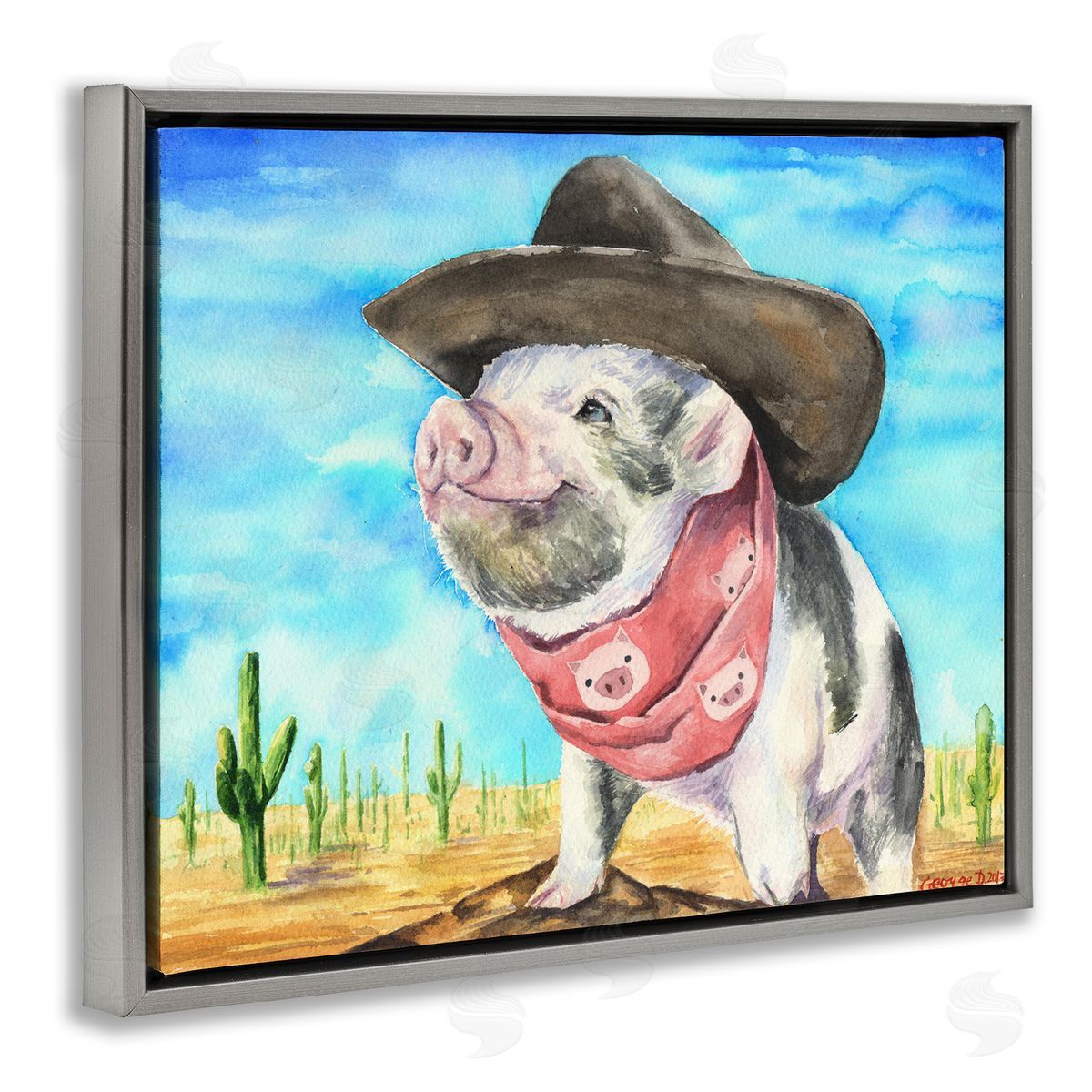Wild West Cowboy Pig Grey Floating Frame Canvas Wall Art, Home Decor by George Dyachenko