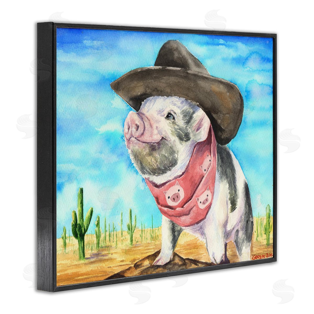 Wild West Cowboy Pig Black Frame Print Wall Art, Home Decor by George Dyachenko