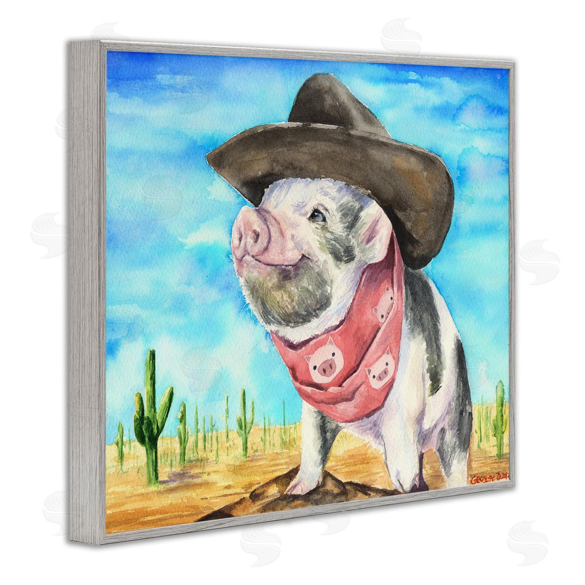 Wild West Cowboy Pig Grey Frame Print Wall Art, Home Decor by George Dyachenko