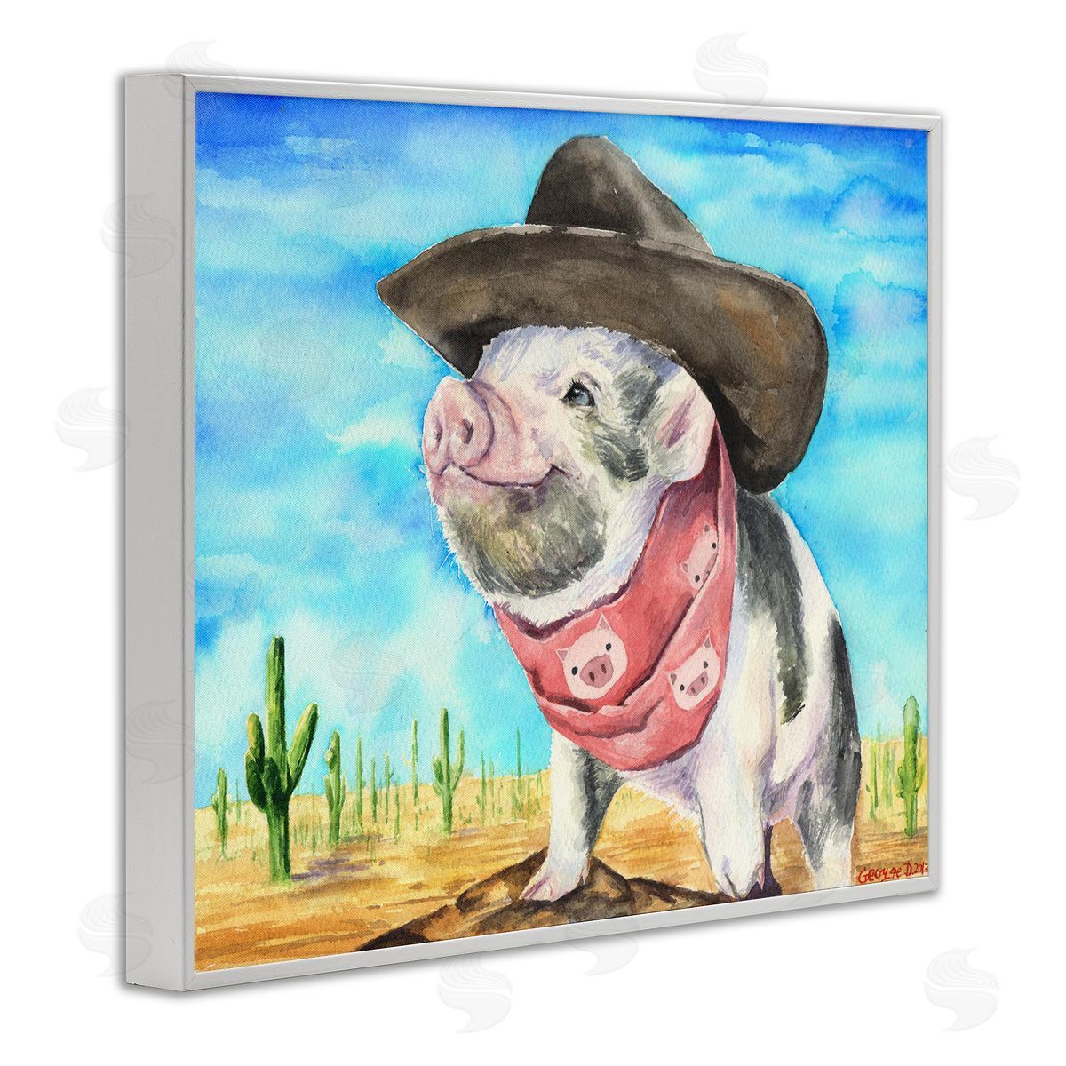 Wild West Cowboy Pig White Frame Print Wall Art, Home Decor by George Dyachenko