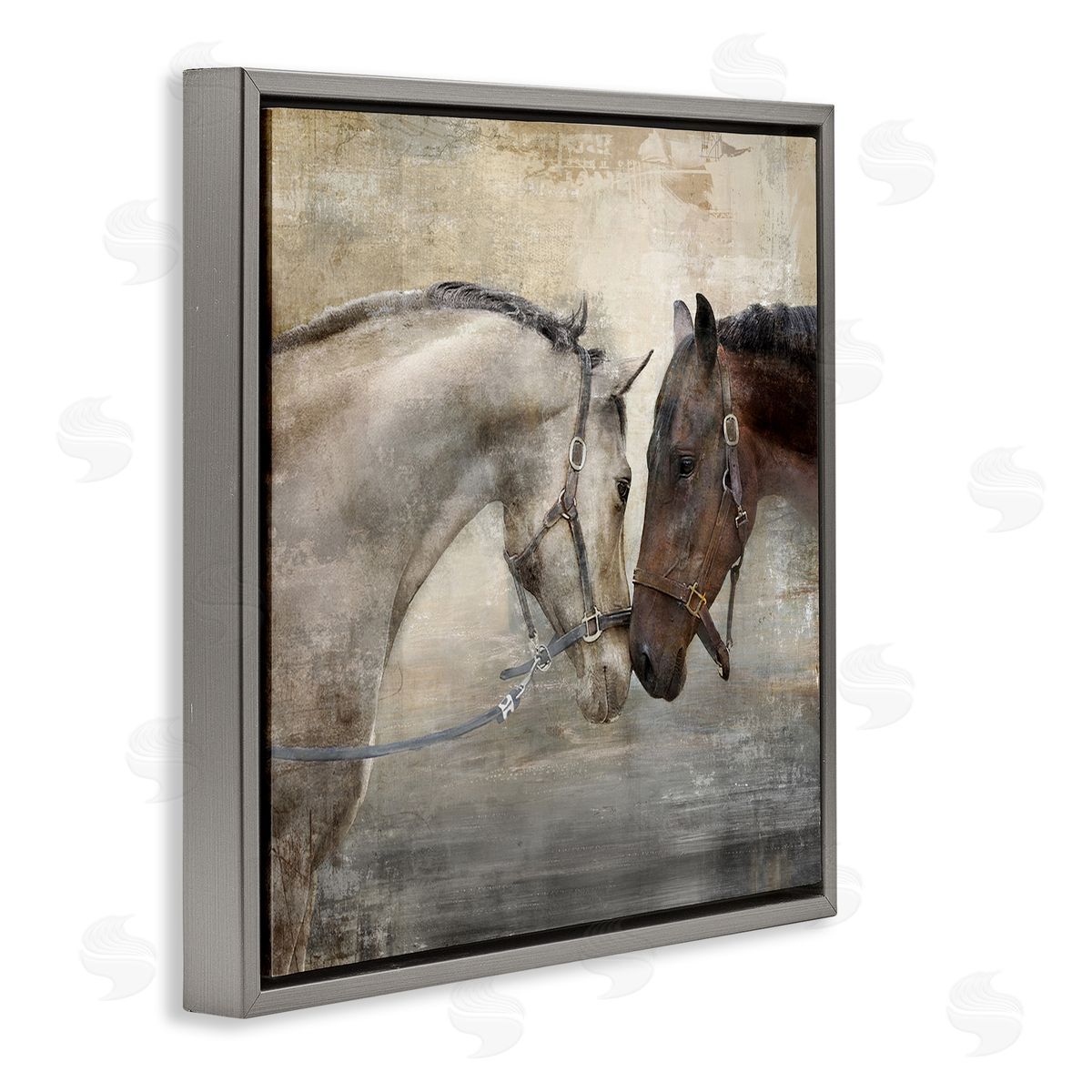 Loving Horse Couple Grey Floating Frame Canvas Wall Art, Home Decor by Main Line Studio