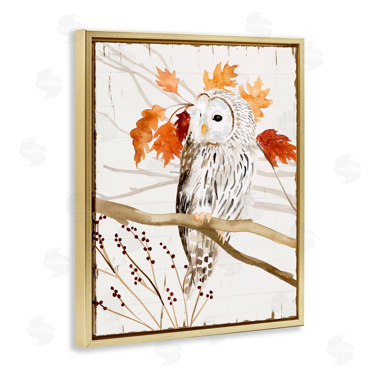 Owl In Autumnal Forest Gold Floating Frame Canvas Wall Art, Home Decor by Victoria Borges