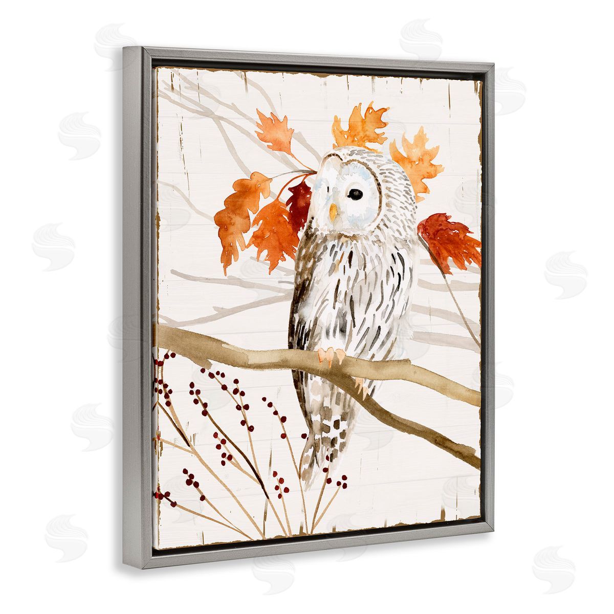 Owl In Autumnal Forest Grey Floating Frame Canvas Wall Art, Home Decor by Victoria Borges