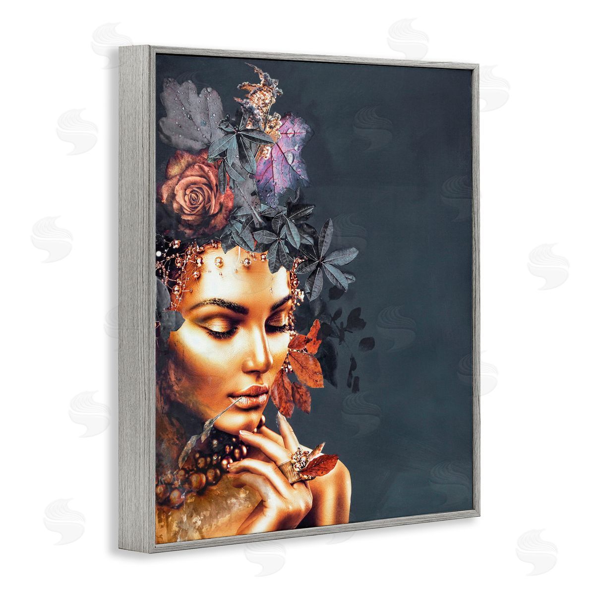 Female Portrait and Florals Grey Frame Print Wall Art, Home Decor by Design Fabrikken