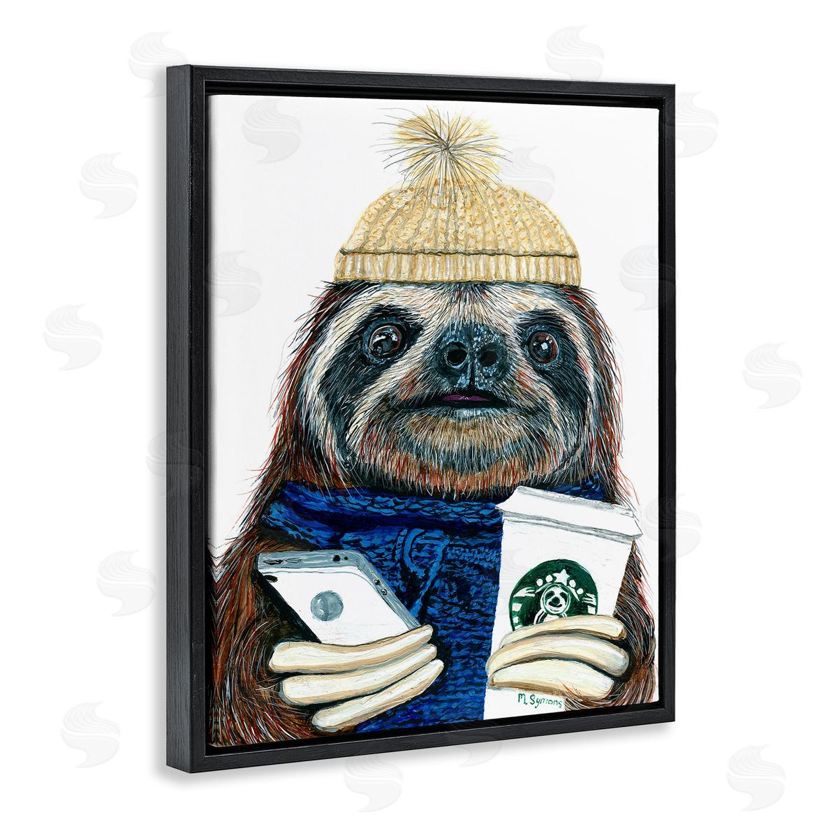 Hipster Sloth Coffee Culture Black Floating Frame Canvas Wall Art, Home Decor by Melissa Symons