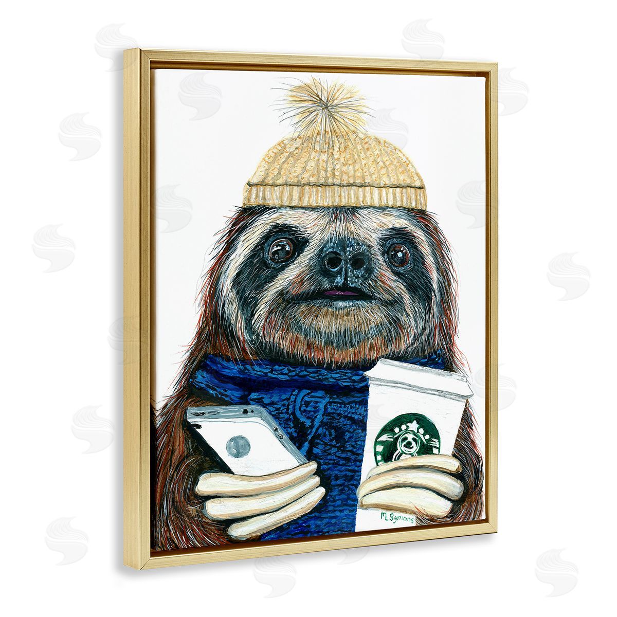 Hipster Sloth Coffee Culture Gold Floating Frame Canvas Wall Art, Home Decor by Melissa Symons