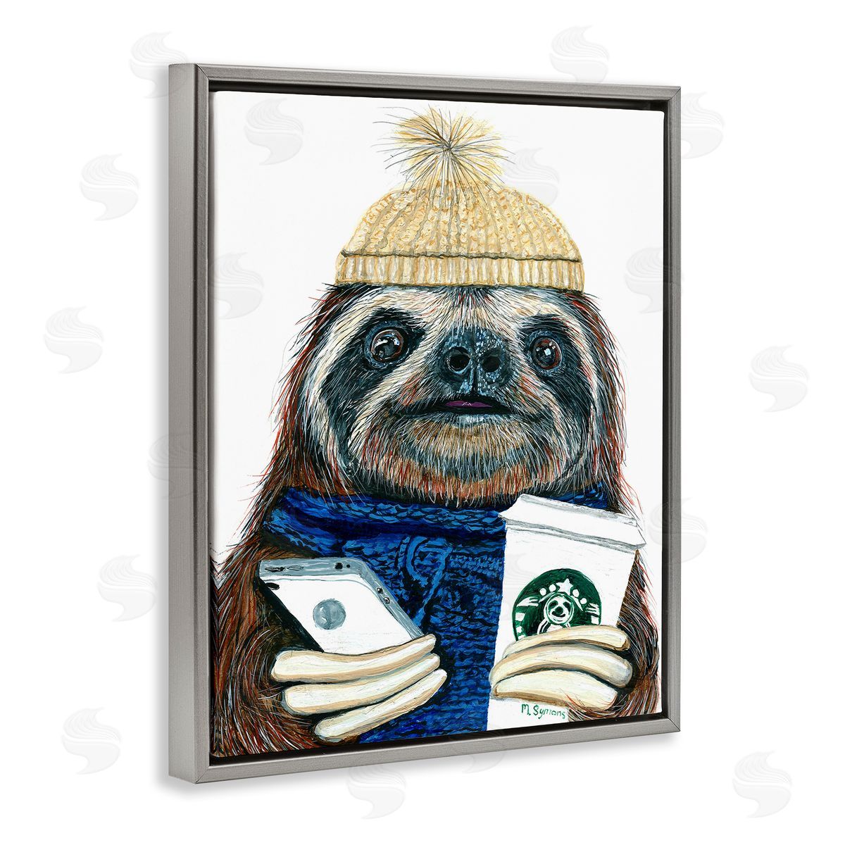 Hipster Sloth Coffee Culture Grey Floating Frame Canvas Wall Art, Home Decor by Melissa Symons