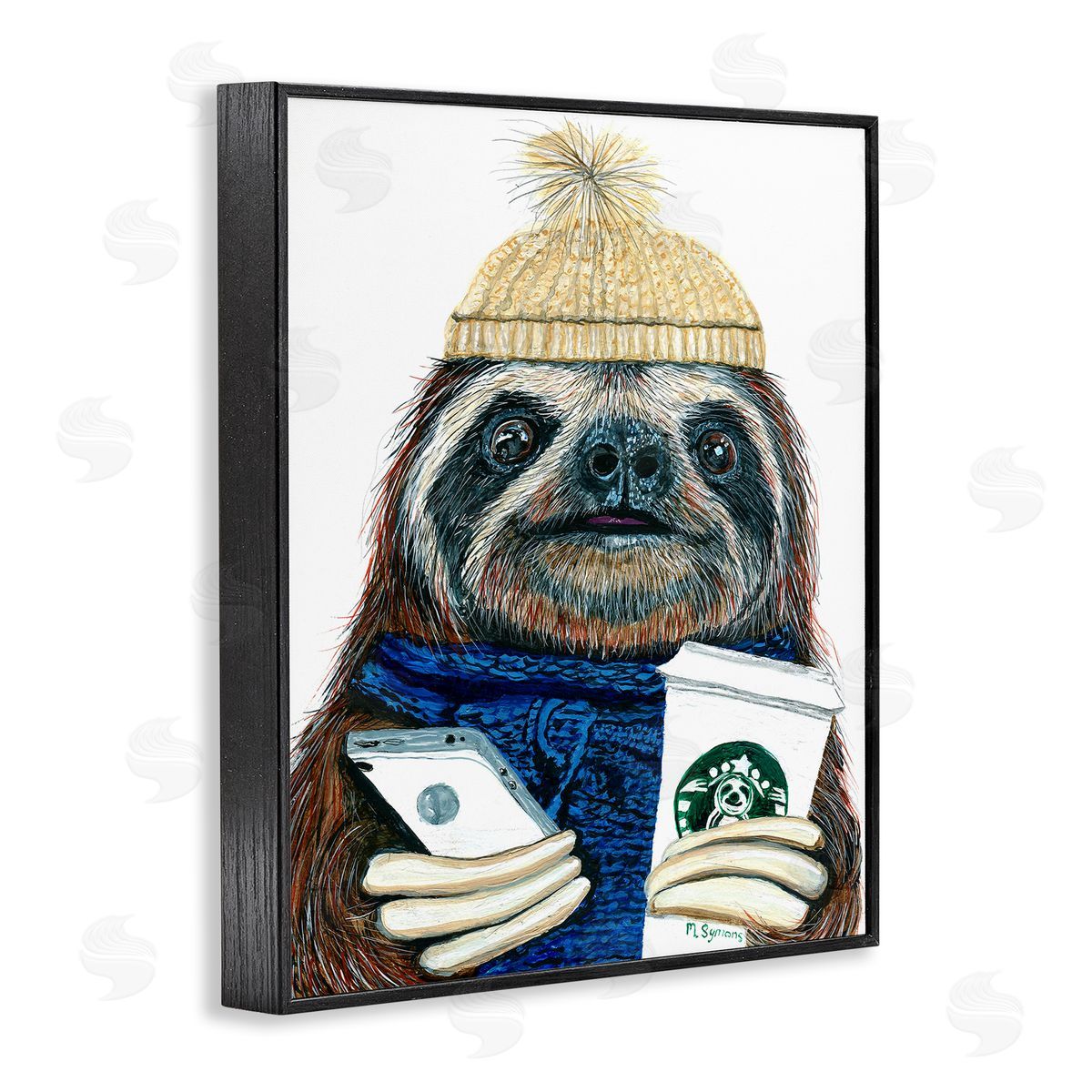 Hipster Sloth Coffee Culture Black Frame Print Wall Art, Home Decor by Melissa Symons